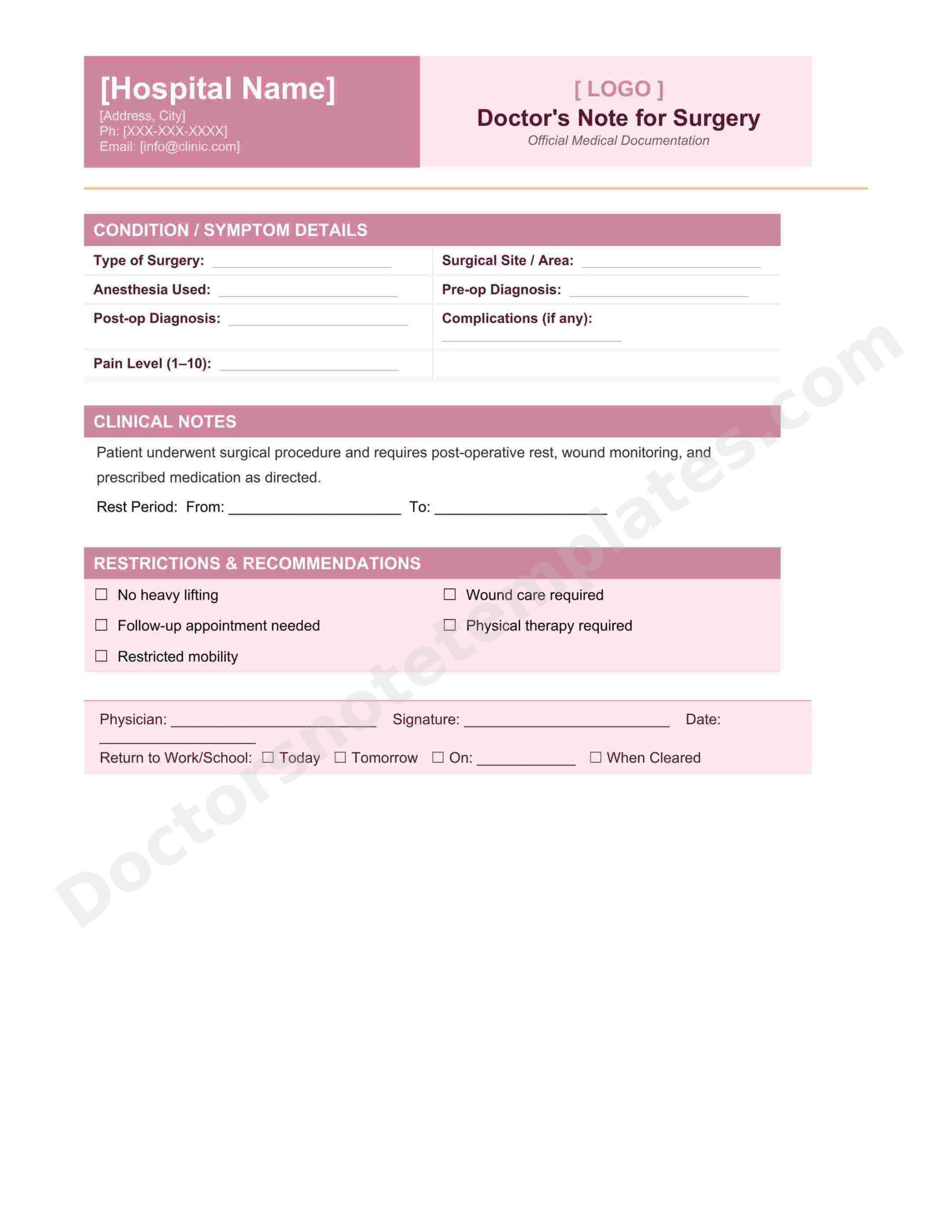 Doctor's Note for Surgery Recovery & Medical Leave