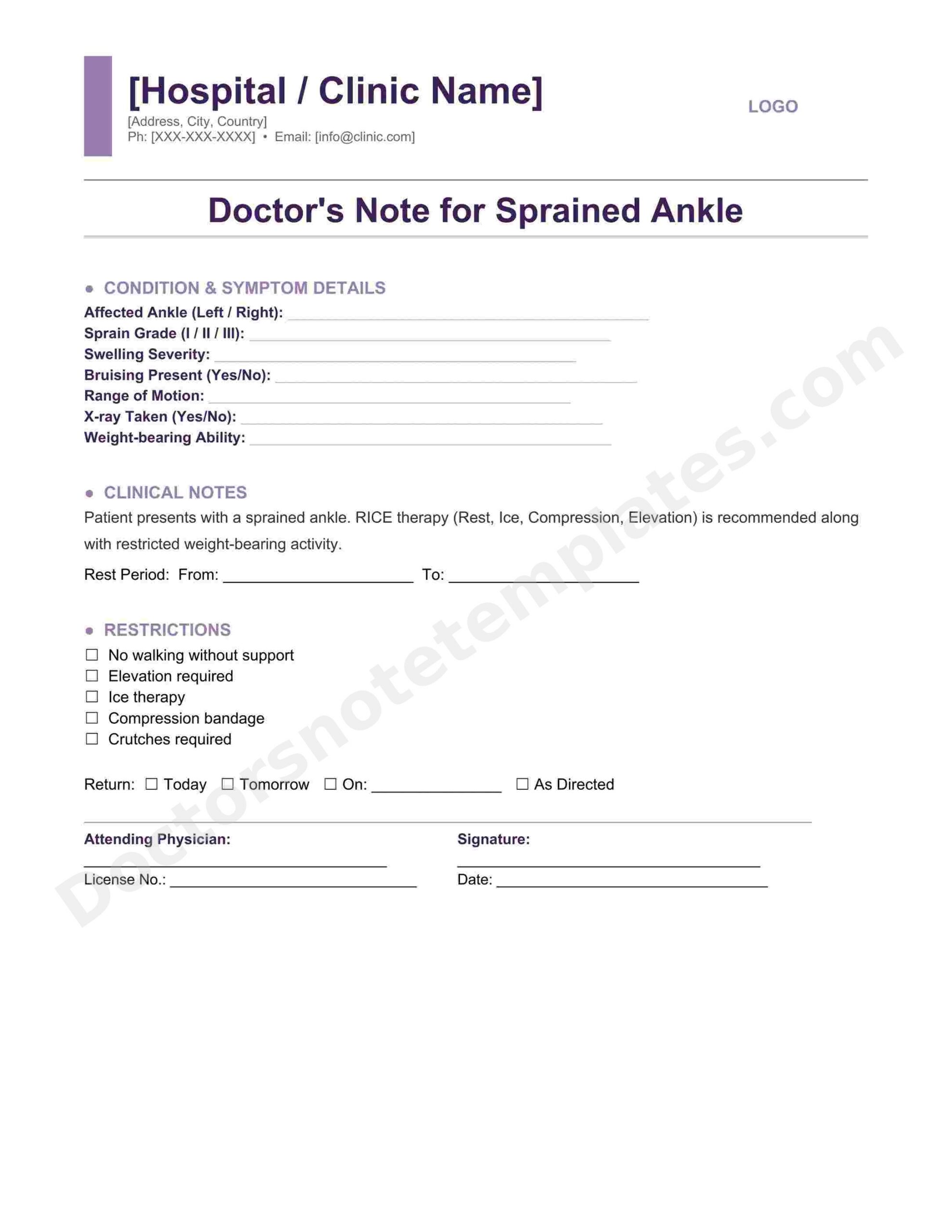 Doctor's Note for Sprained Ankle Injury Proof