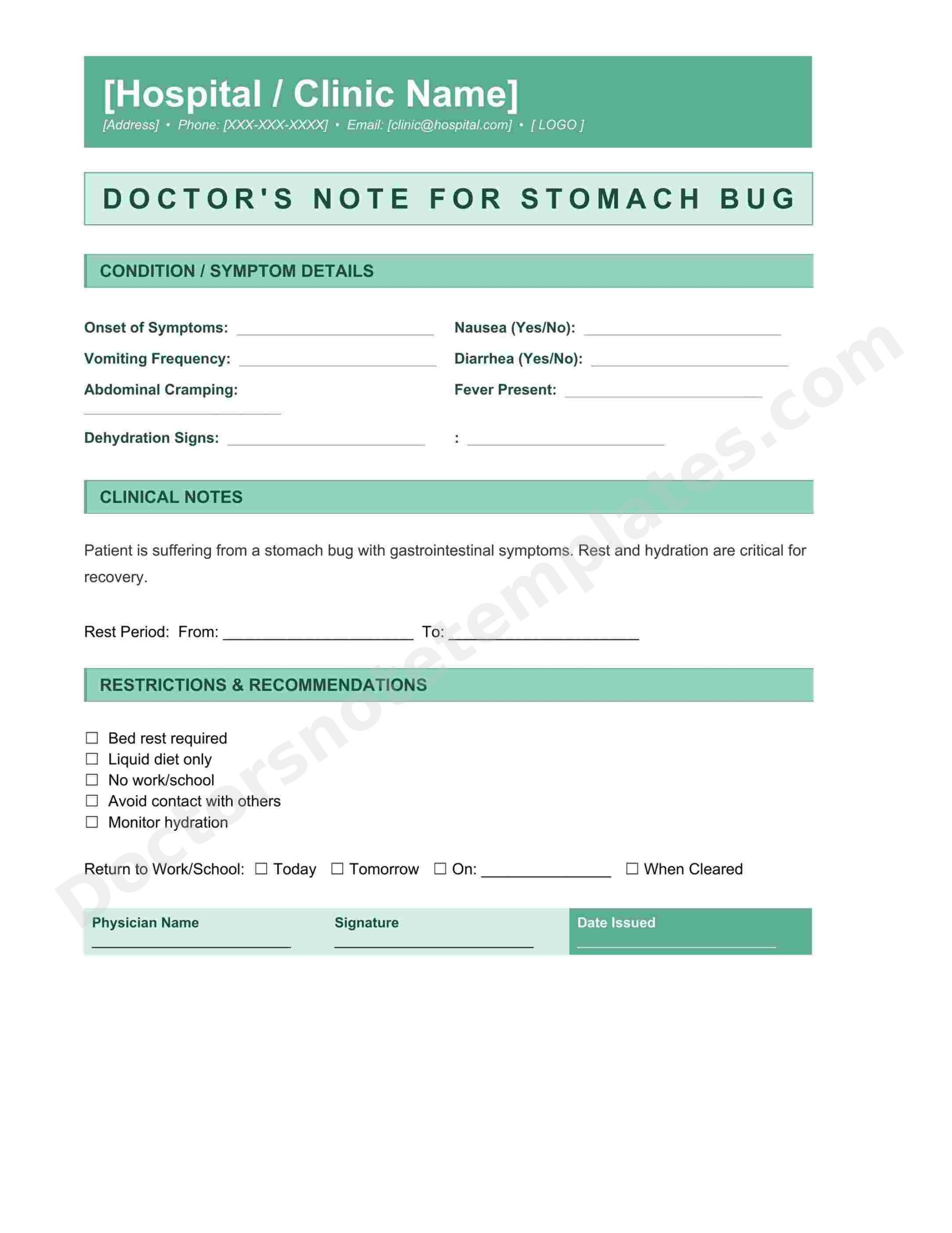 Doctor's Note for Stomach Bug Sick Leave Proof