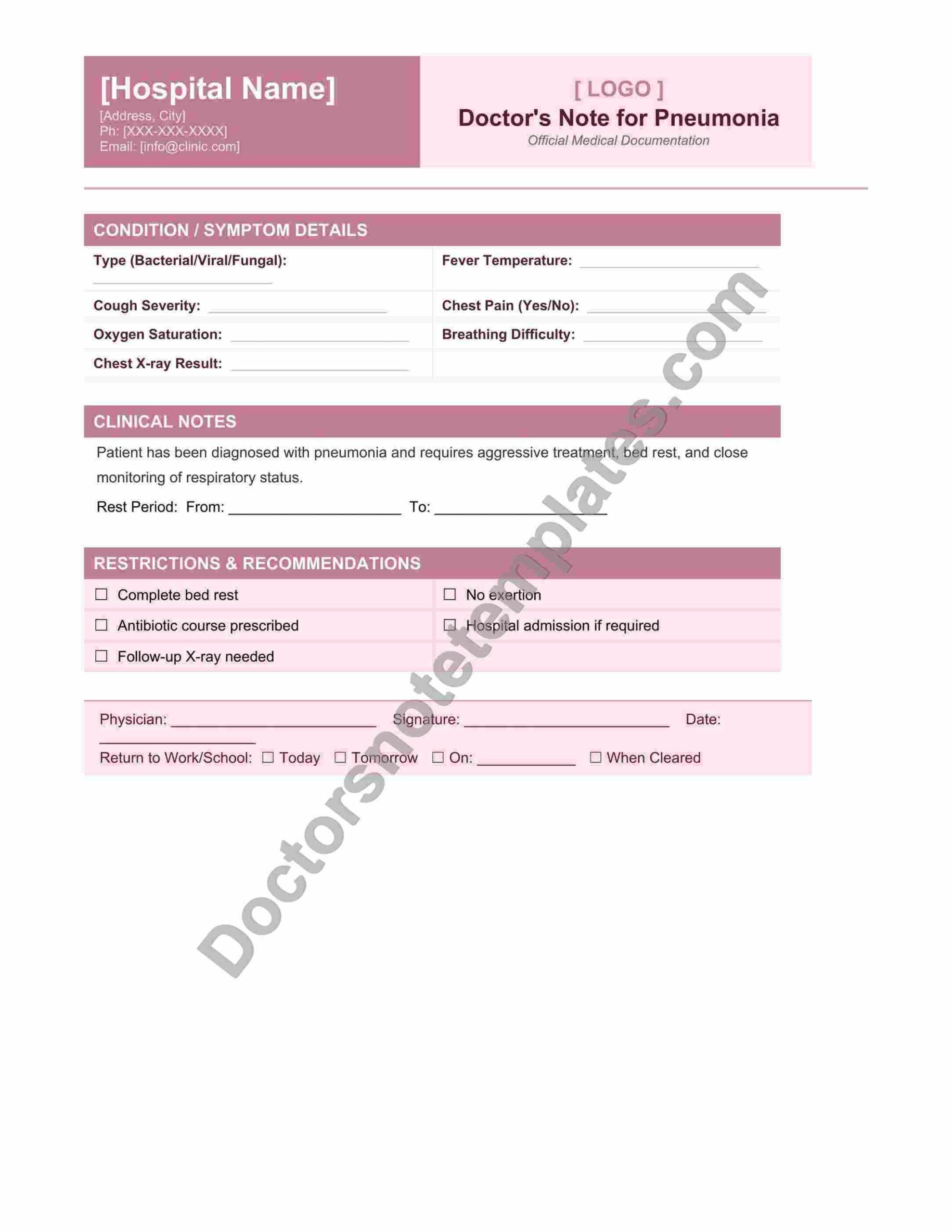 Doctor's Note for Pneumonia Recovery Leave Proof