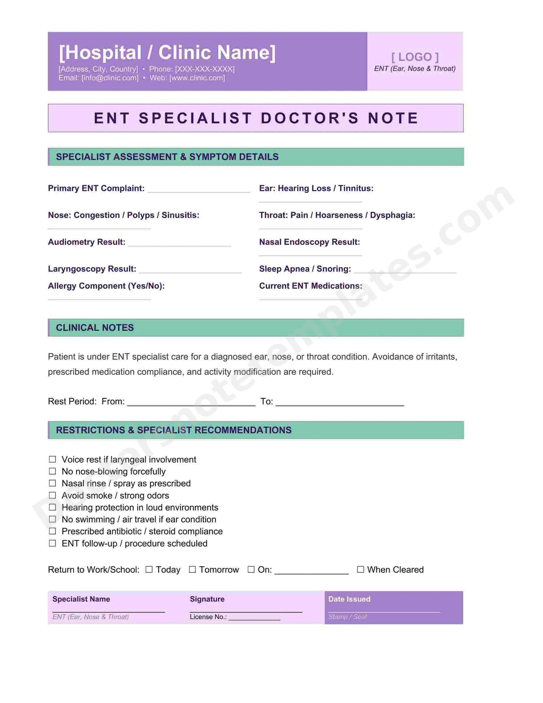 ENT Specialist Doctor's Note for Ear Nose Throat