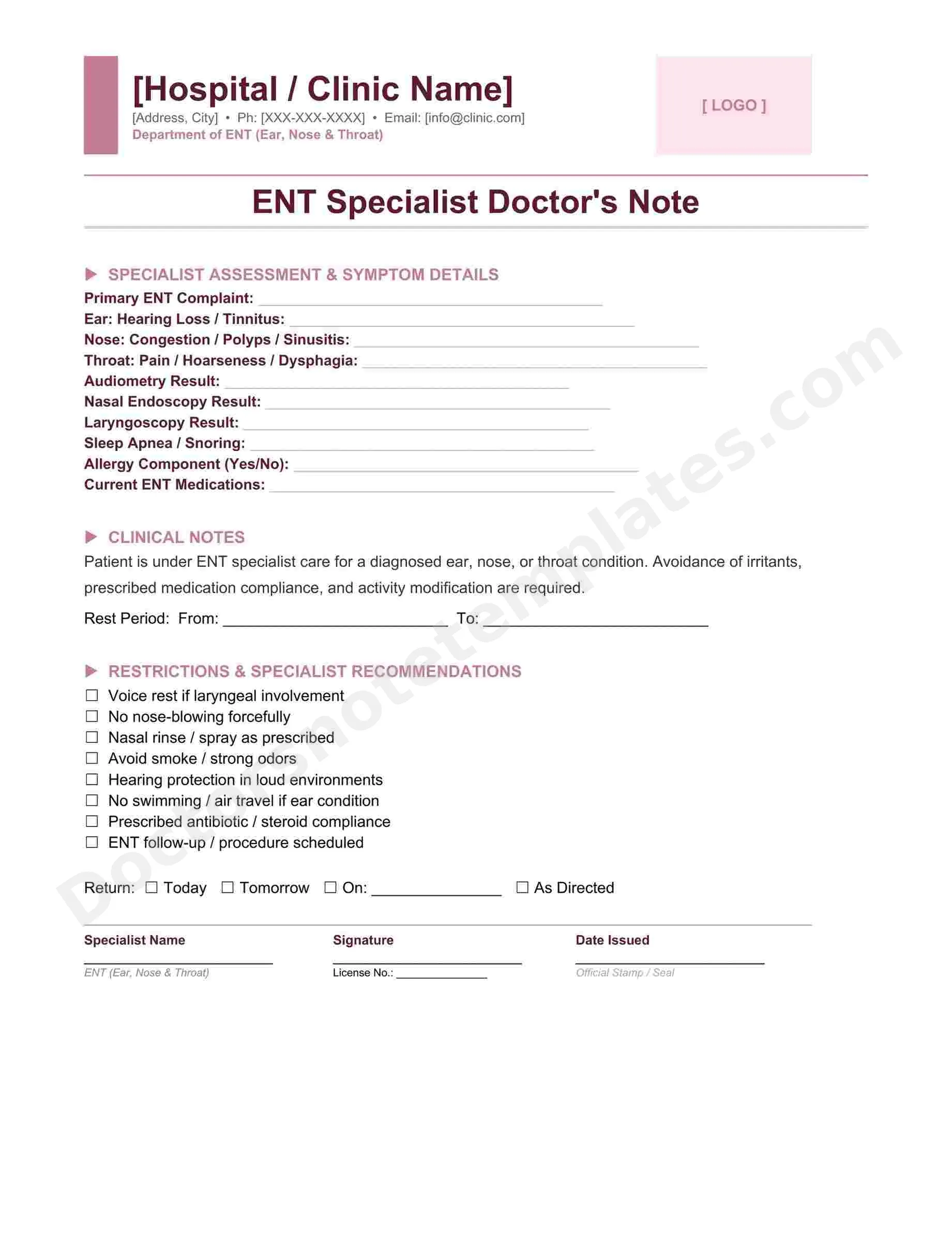 ENT Specialist Doctor's Note for Ear Nose Throat - Image 3