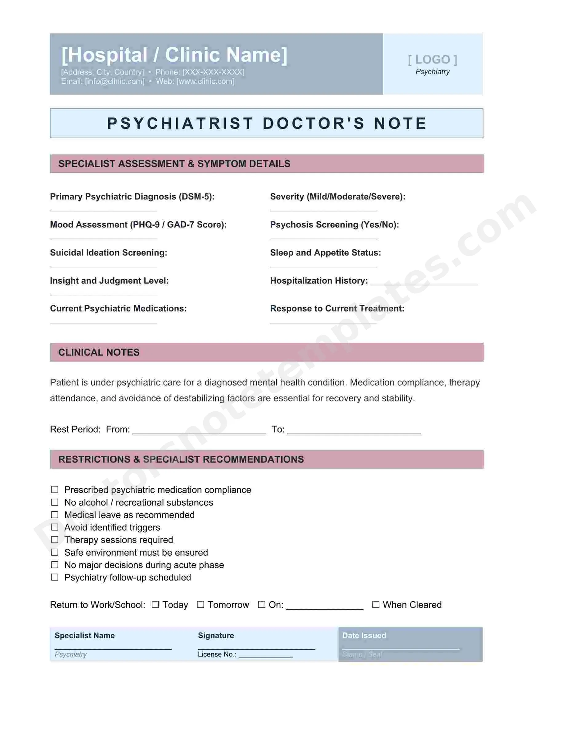 Psychiatrist Doctor's Note for Mental Health Leave