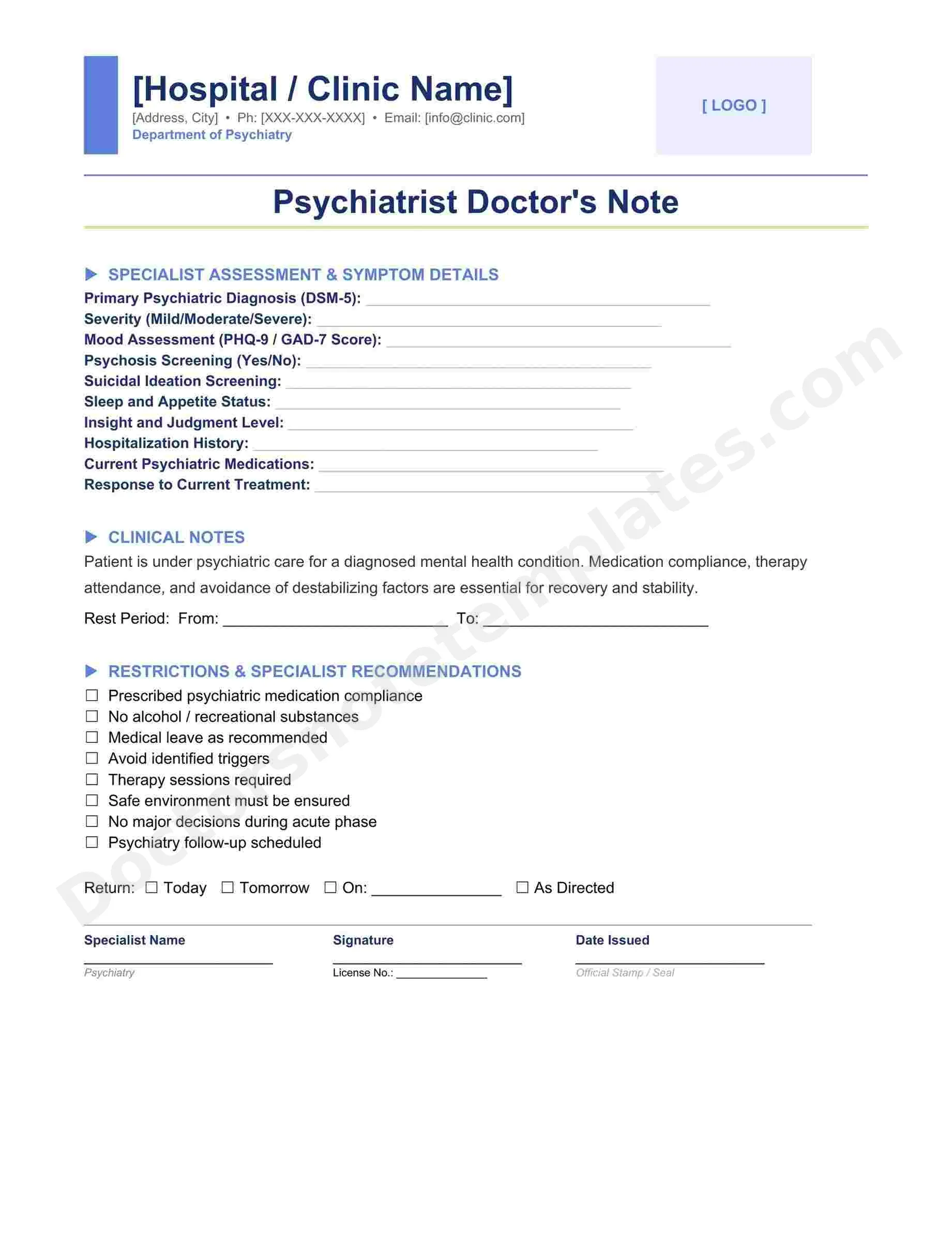 Psychiatrist Doctor's Note for Mental Health Leave - Image 3