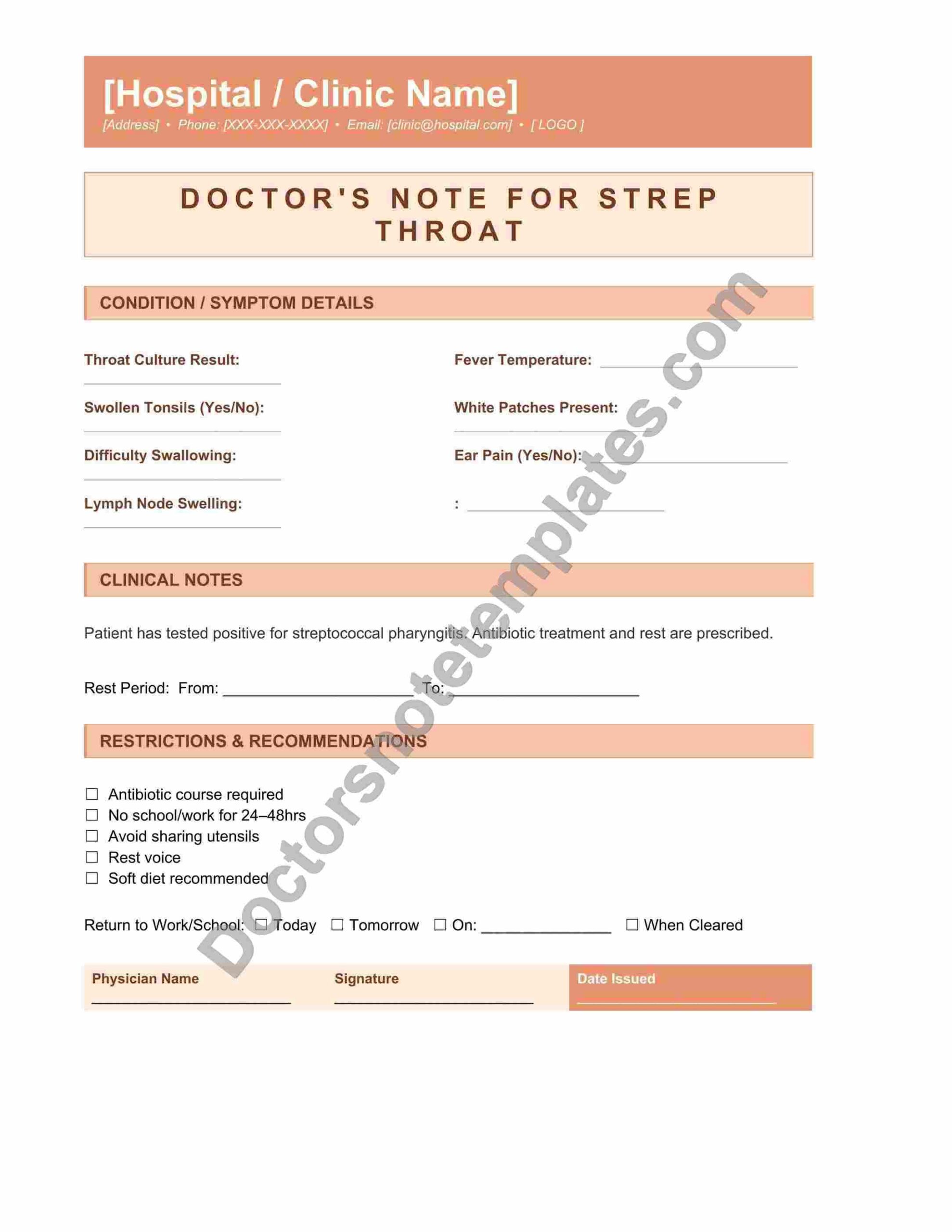 Doctor's Note for Strep Throat Infection Proof - Image 4