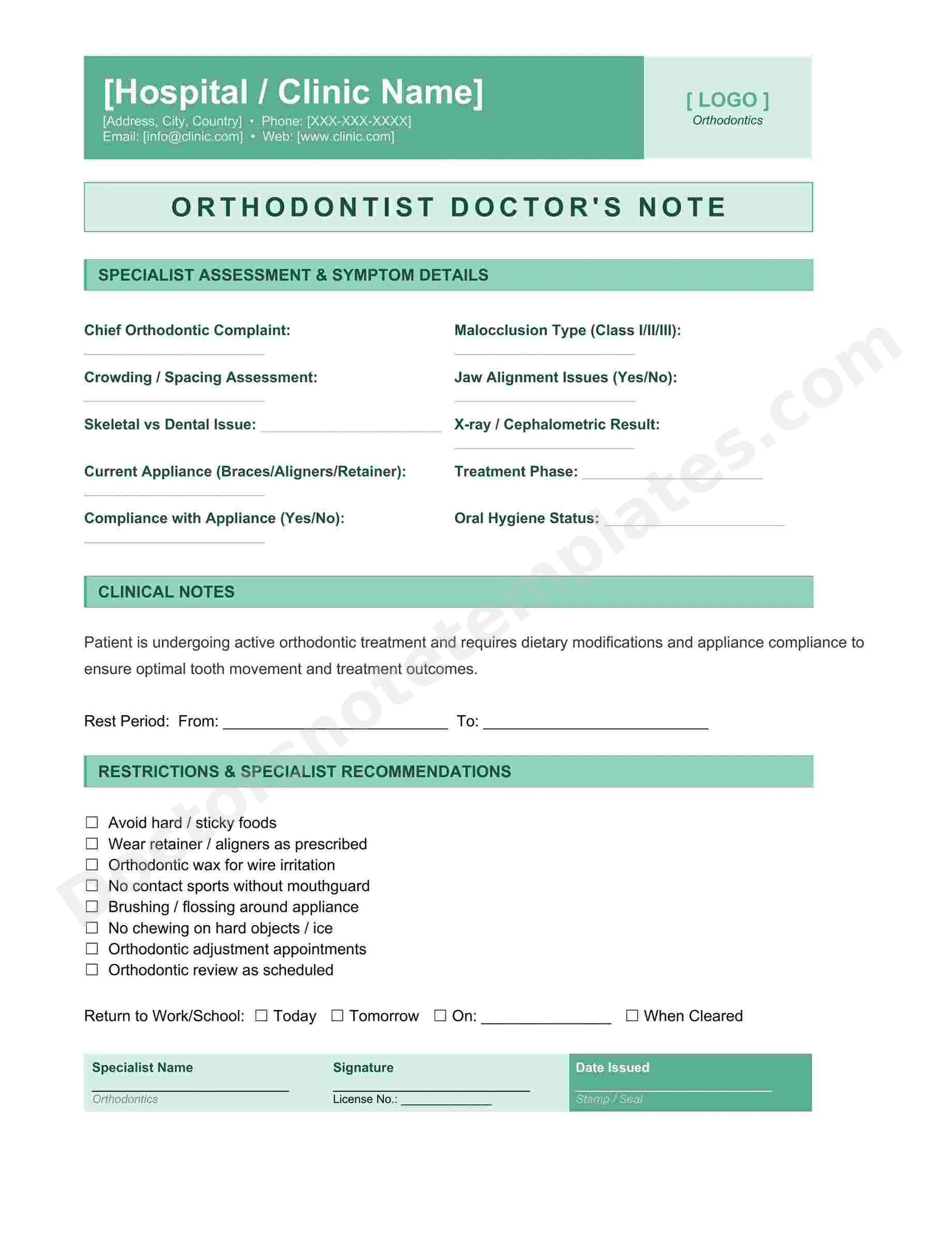Orthodontist Doctor's Note for Braces Treatment