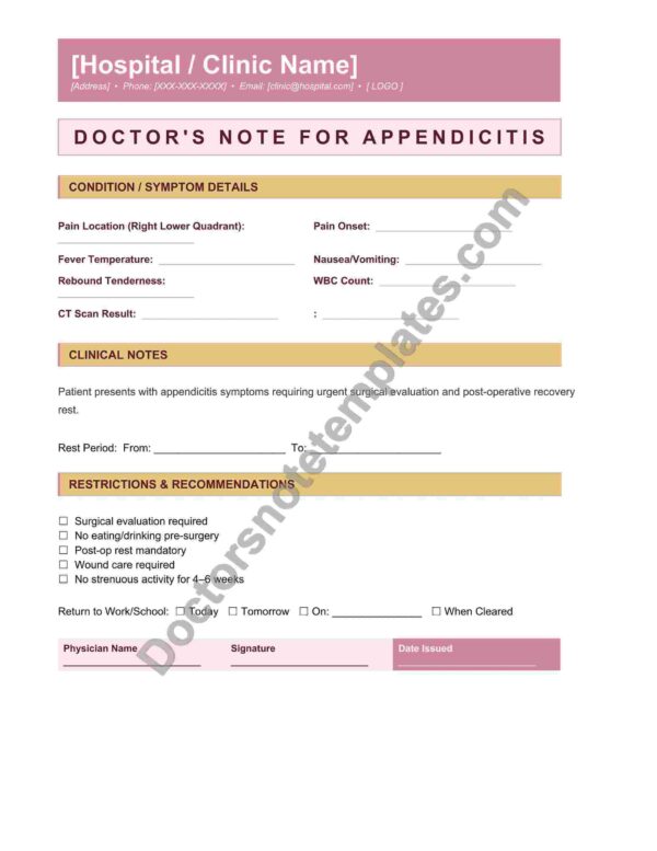 Doctor's Note for Appendicitis Surgery Leave