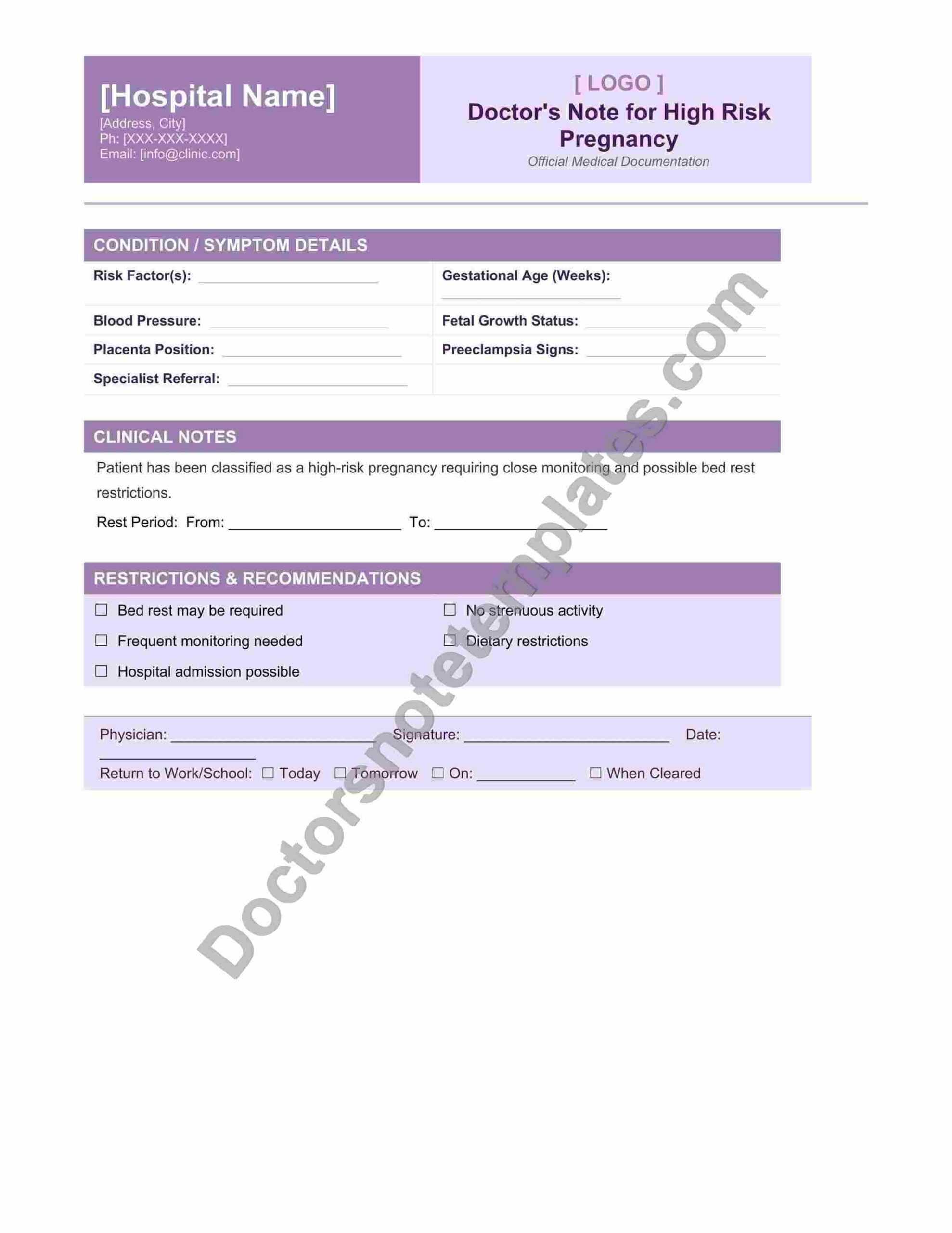 Doctor's Note for High Risk Pregnancy Leave Proof
