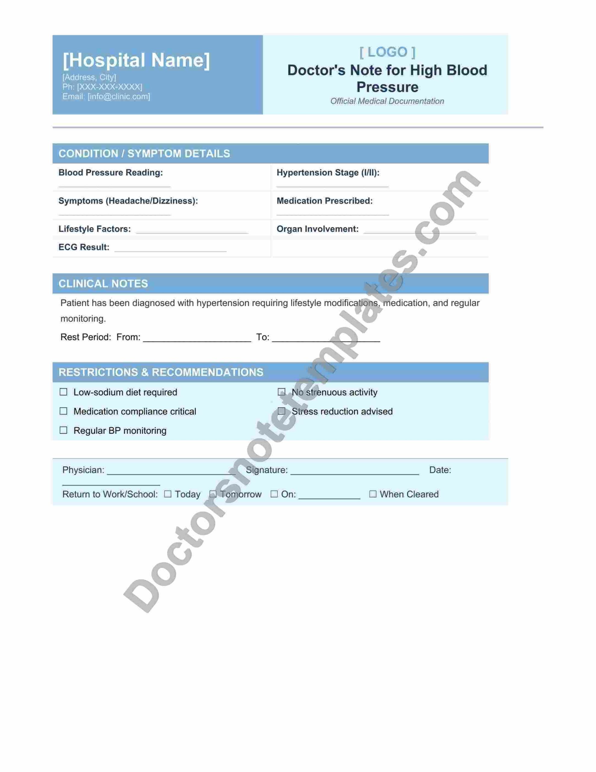 Doctor's Note for High Blood Pressure Leave