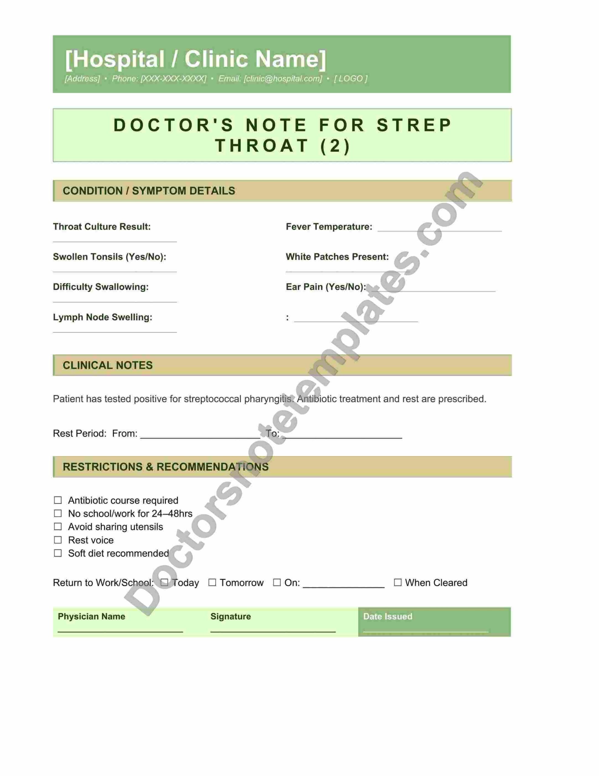 Doctor's Note for Strep Throat Infection Proof - Image 4