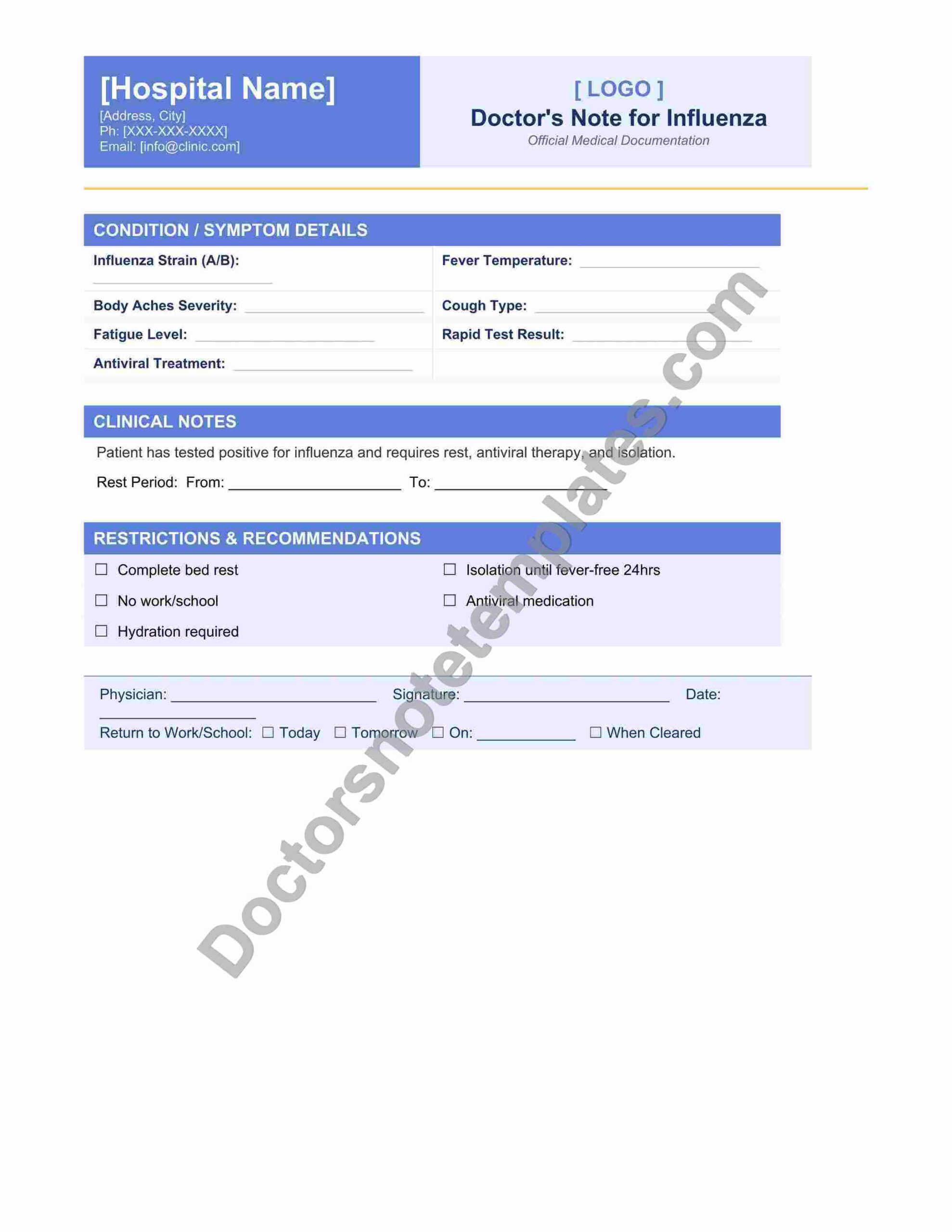 Doctor's Note for Influenza Viral Illness Leave