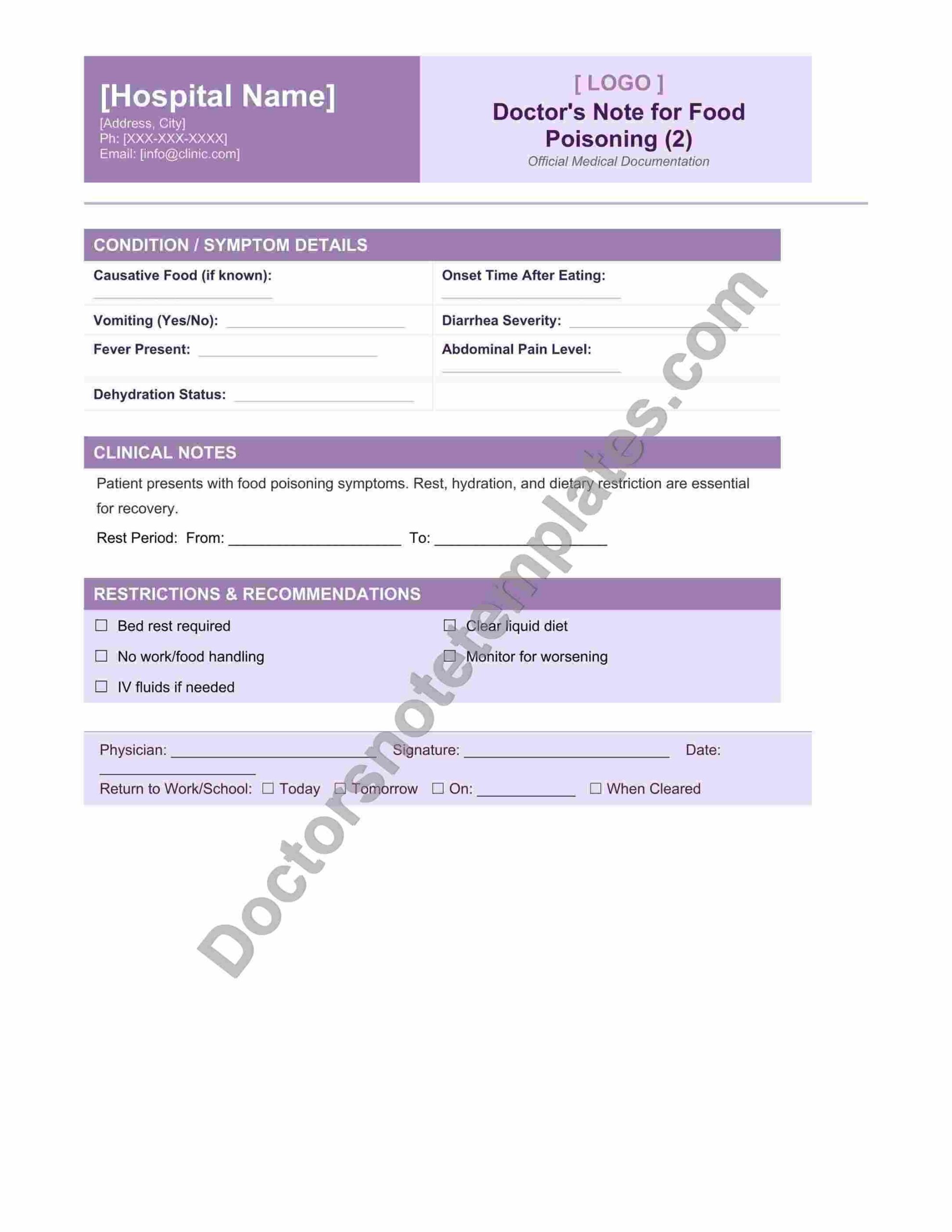 Doctor's Note for Food Poisoning Illness Leave