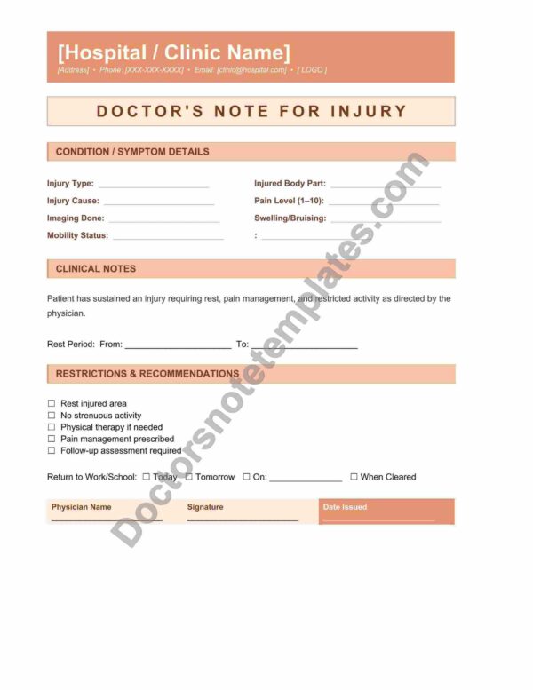 Doctor's Note for Injury Medical Leave Proof