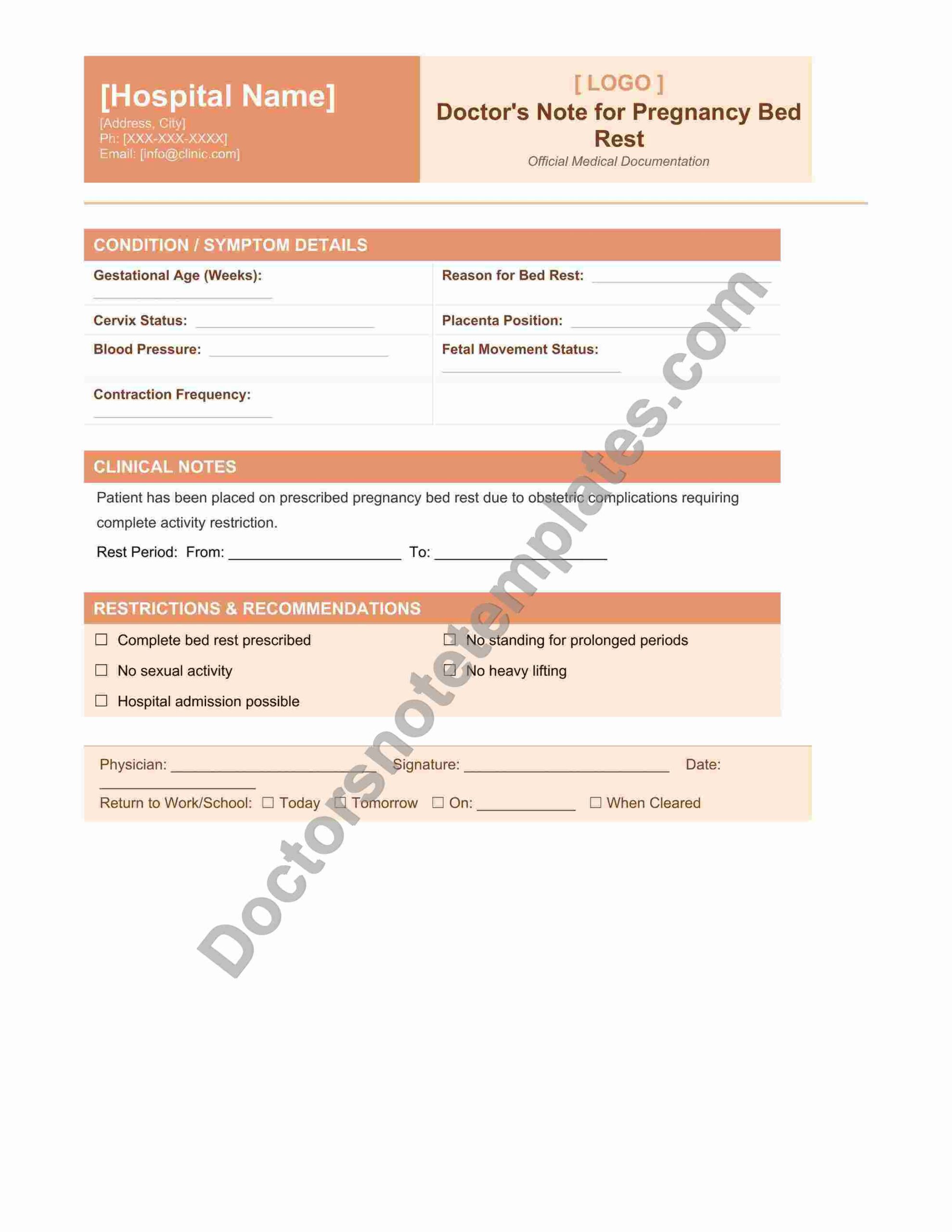 Doctor's Note for Pregnancy Bed Rest Leave Proof