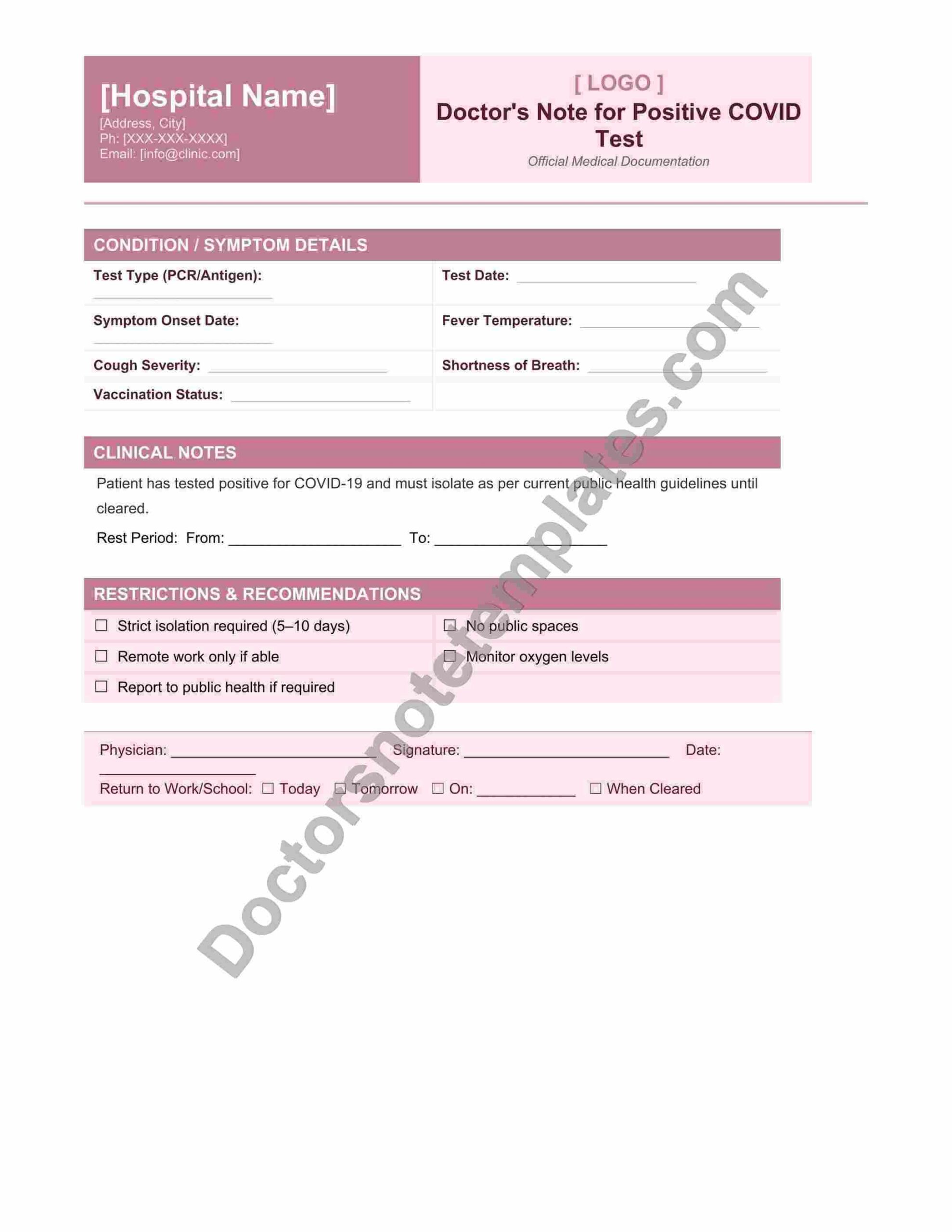 Doctor's Note for COVID Positive Test Leave