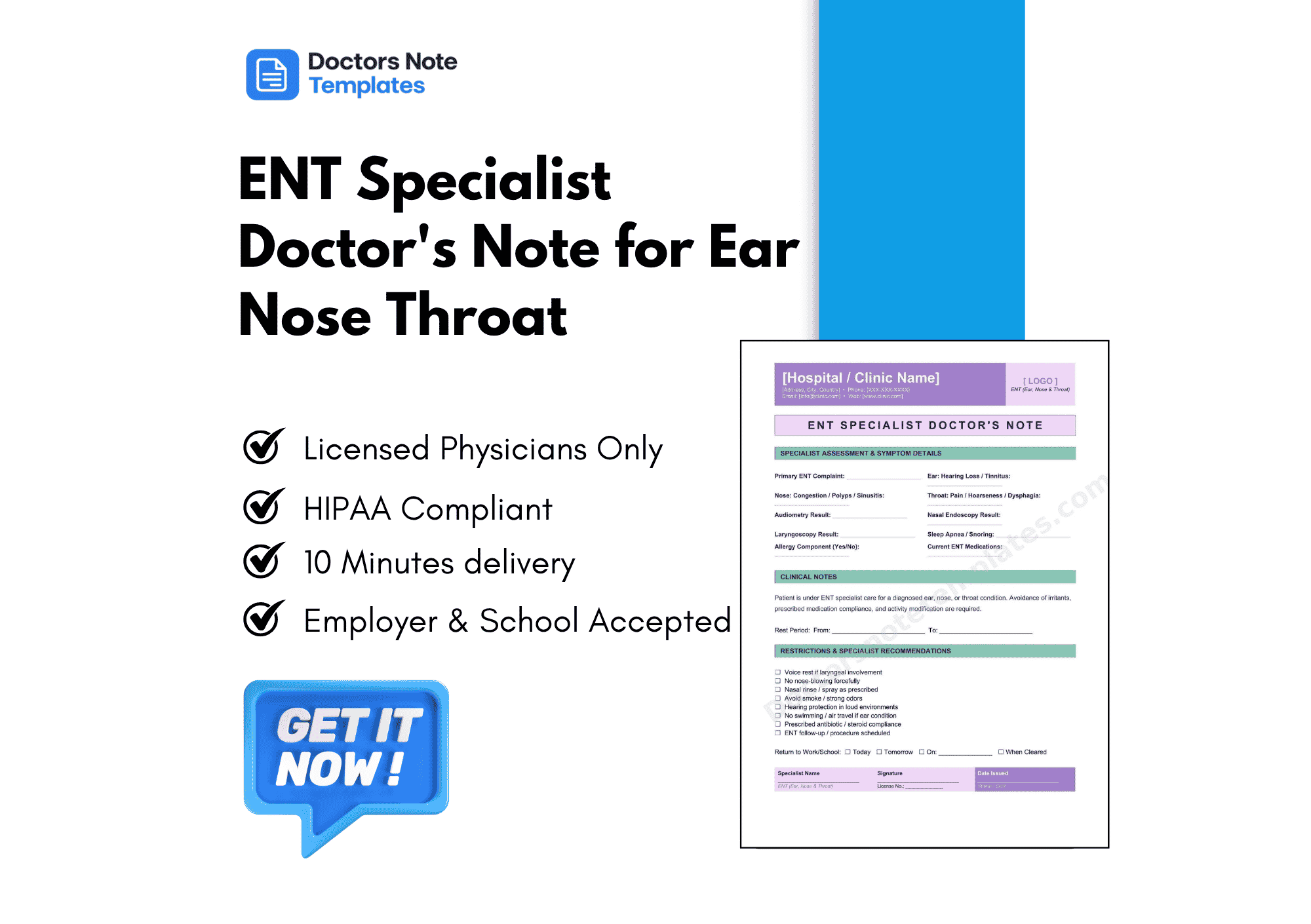 ENT Specialist Doctor's Note for Ear Nose Throat